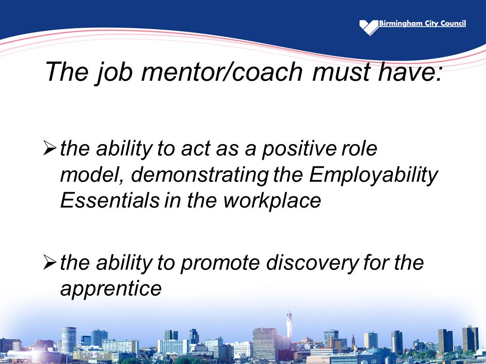 The job mentor/coach must have:  the ability to act as a positive role model, demonstrating the Employability Essentials in the workplace  the ability to promote discovery for the apprentice