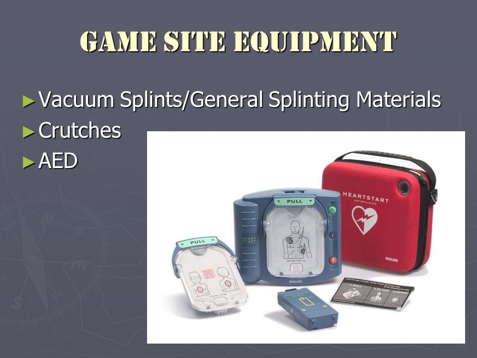 Game Site Equipment ► Vacuum Splints/General Splinting Materials ► Crutches ► AED