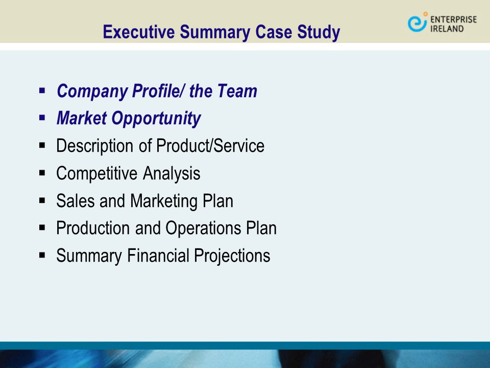 Executive Summary Case Study  Company Profile/ the Team  Market Opportunity  Description of Product/Service  Competitive Analysis  Sales and Marketing Plan  Production and Operations Plan  Summary Financial Projections