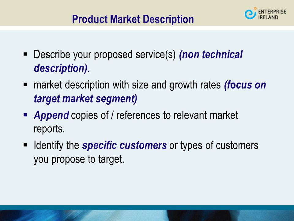 Product Market Description  Describe your proposed service(s) (non technical description).