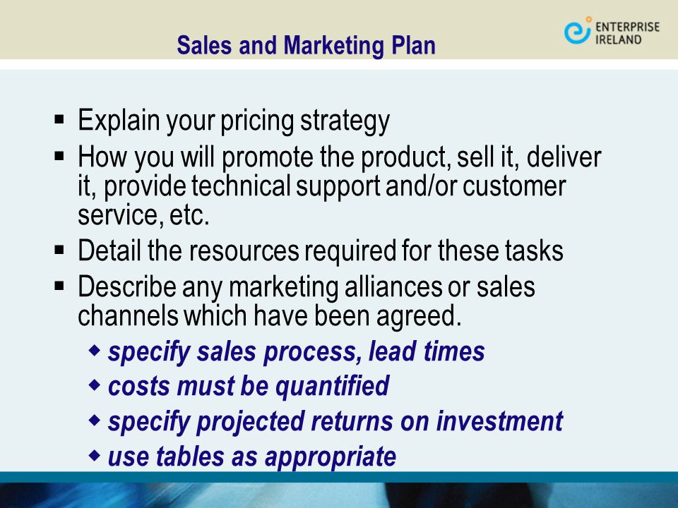 Sales and Marketing Plan  Explain your pricing strategy  How you will promote the product, sell it, deliver it, provide technical support and/or customer service, etc.
