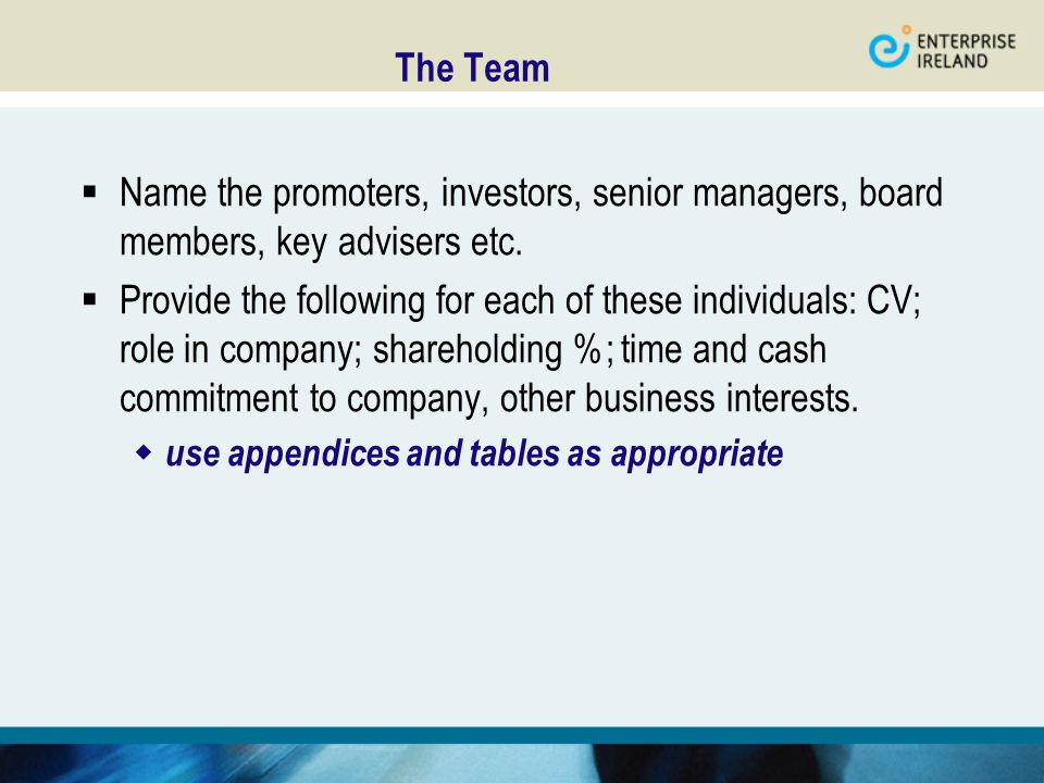 The Team  Name the promoters, investors, senior managers, board members, key advisers etc.