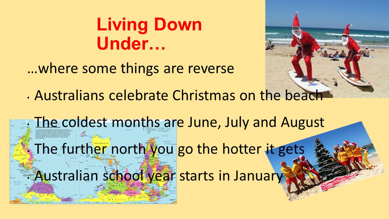 Living Down Under… …where some things are reverse Australians celebrate Christmas on the beach The coldest months are June, July and August The further north you go the hotter it gets Australian school year starts in January