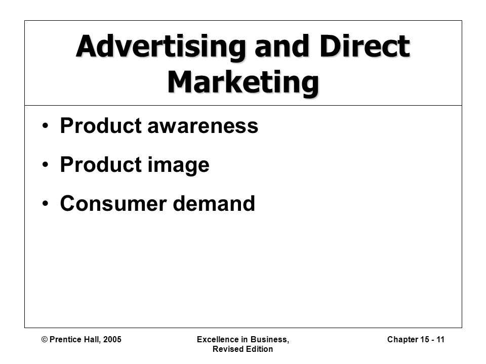 © Prentice Hall, 2005Excellence in Business, Revised Edition Chapter Advertising and Direct Marketing Product awareness Product image Consumer demand