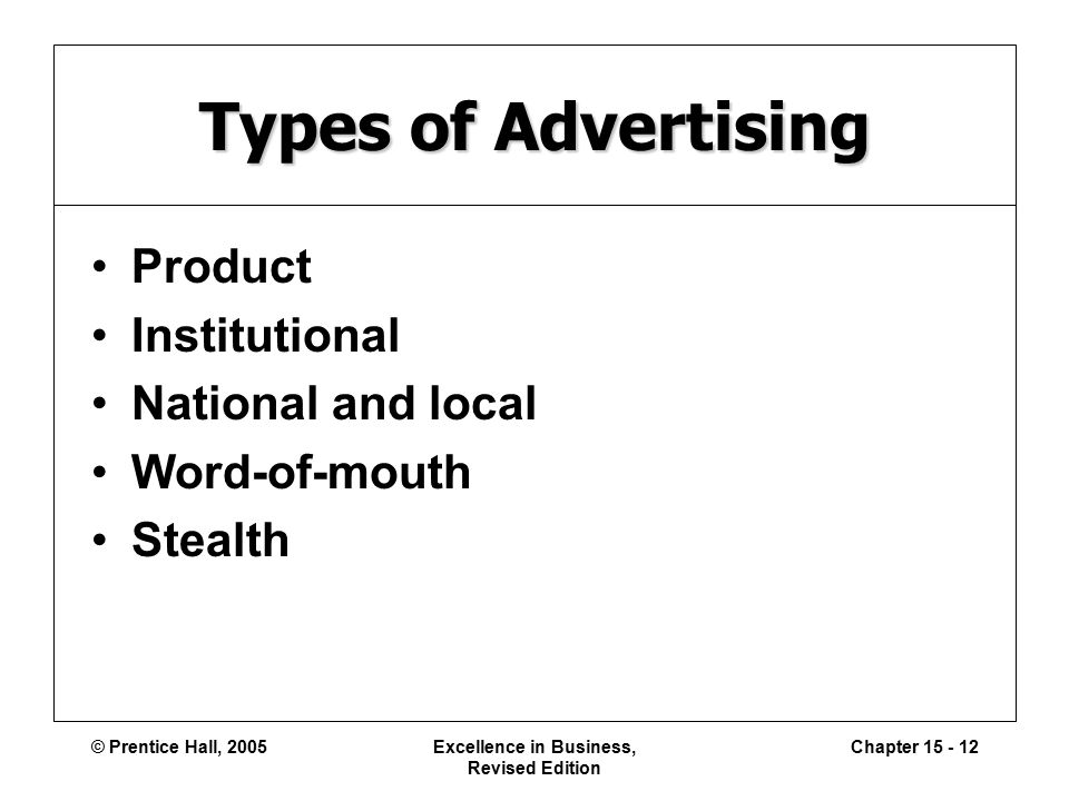 © Prentice Hall, 2005Excellence in Business, Revised Edition Chapter Types of Advertising Product Institutional National and local Word-of-mouth Stealth