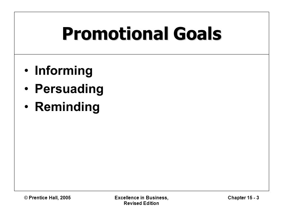 © Prentice Hall, 2005Excellence in Business, Revised Edition Chapter Promotional Goals Informing Persuading Reminding