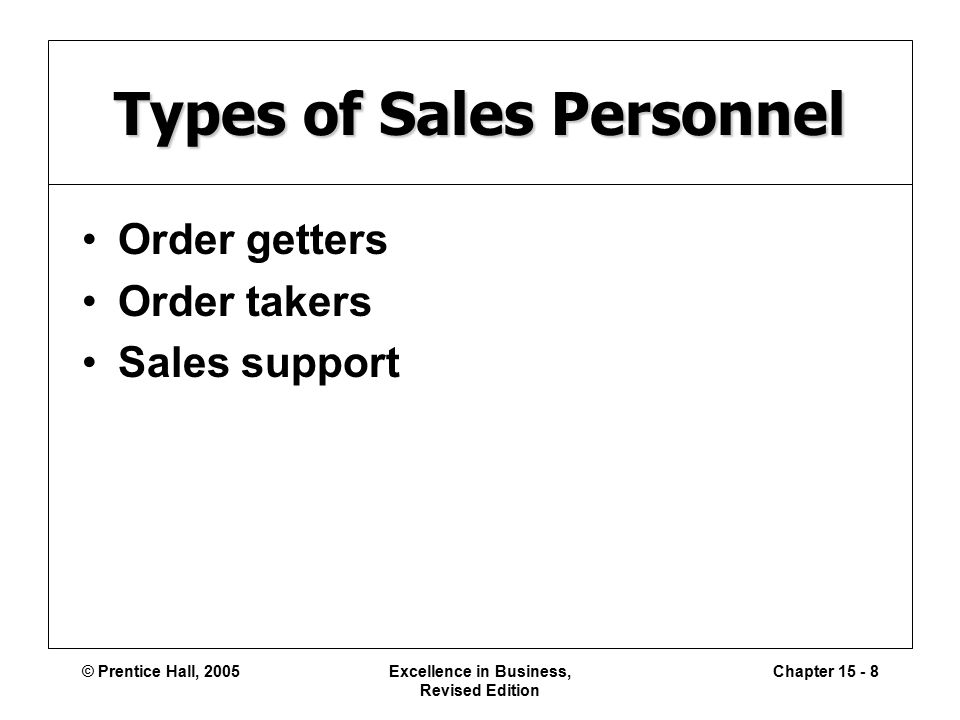 © Prentice Hall, 2005Excellence in Business, Revised Edition Chapter Types of Sales Personnel Order getters Order takers Sales support