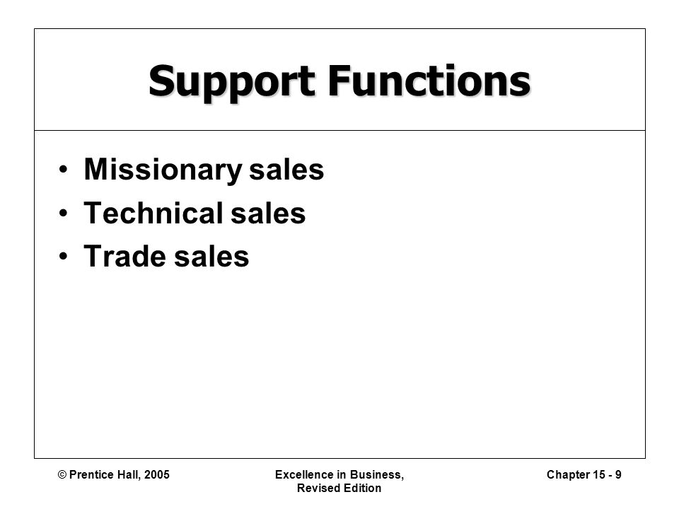 © Prentice Hall, 2005Excellence in Business, Revised Edition Chapter Support Functions Missionary sales Technical sales Trade sales