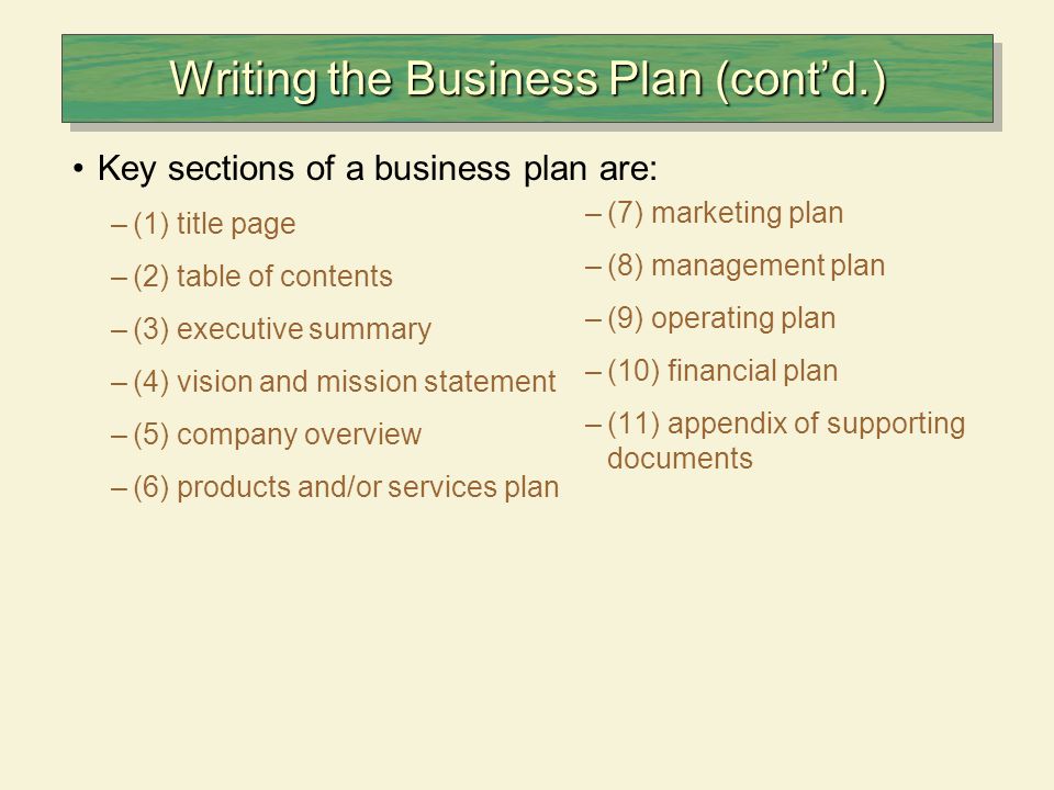 Business plan sections
