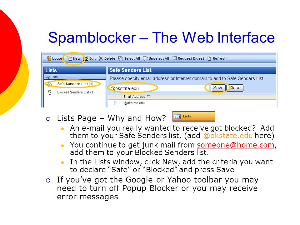Spamblocker – The Web Interface  Lists Page – Why and How.