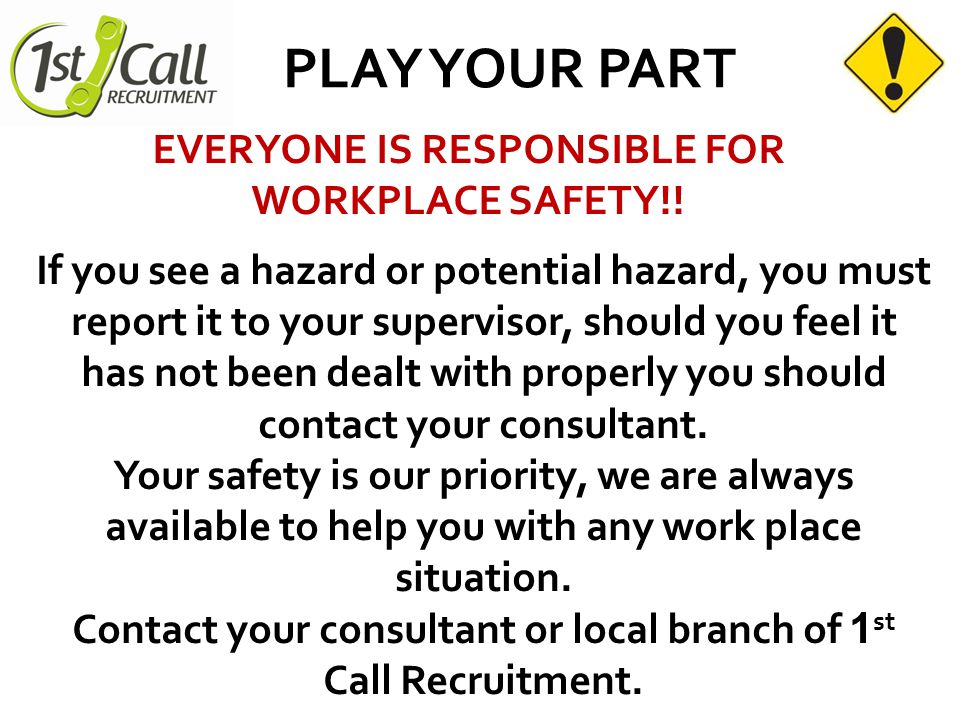 PLAY YOUR PART EVERYONE IS RESPONSIBLE FOR WORKPLACE SAFETY!.
