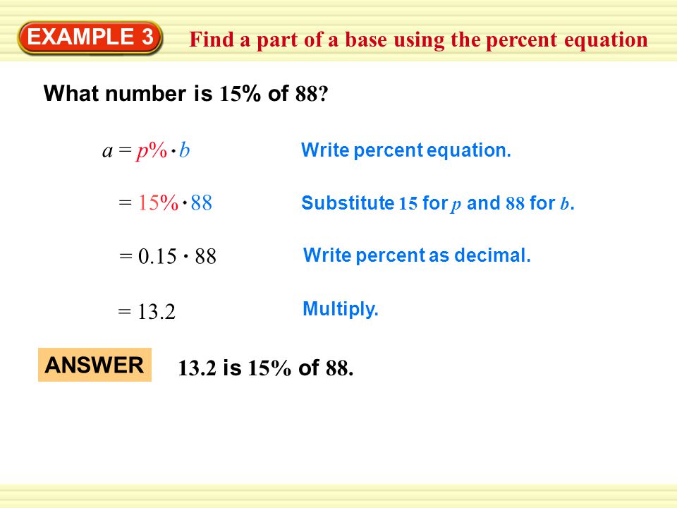 Multiply. Write percent as decimal. Substitute 15 for p and 88 for b.