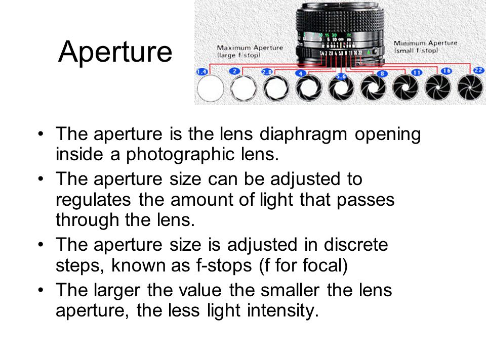 Aperture The aperture is the lens diaphragm opening inside a photographic lens.