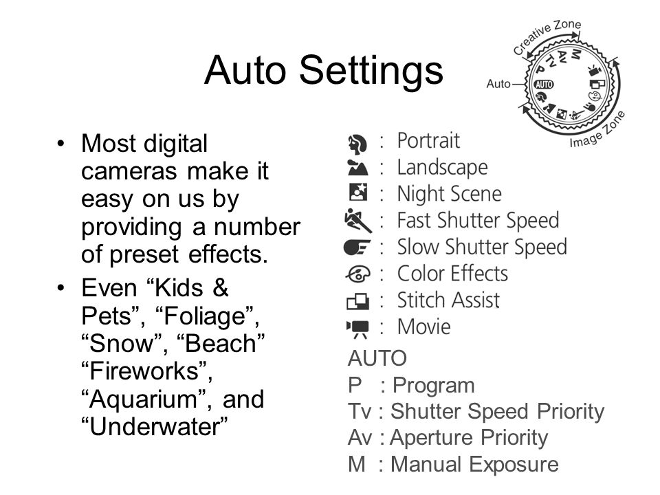 Auto Settings Most digital cameras make it easy on us by providing a number of preset effects.
