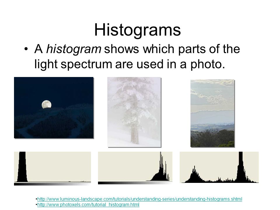 Histograms A histogram shows which parts of the light spectrum are used in a photo.