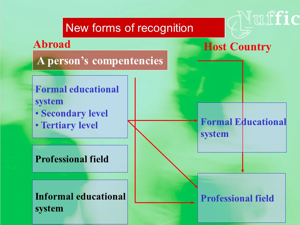 Professional field Informal educational system A person’s compentencies Abroad Host Country Formal educational system Secondary level Tertiary level Professional field Formal Educational system From current focus of ICETo…… New forms of recognition