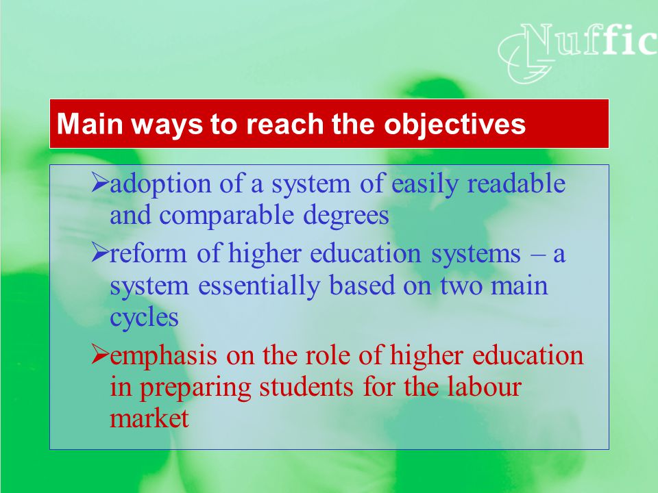  adoption of a system of easily readable and comparable degrees  reform of higher education systems – a system essentially based on two main cycles  emphasis on the role of higher education in preparing students for the labour market Main ways to reach the objectives