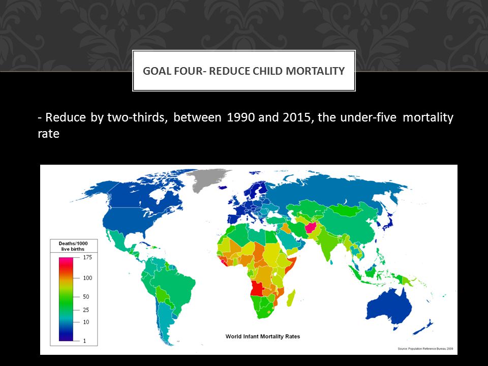 - Reduce by two-thirds, between 1990 and 2015, the under-five mortality rate GOAL FOUR- REDUCE CHILD MORTALITY