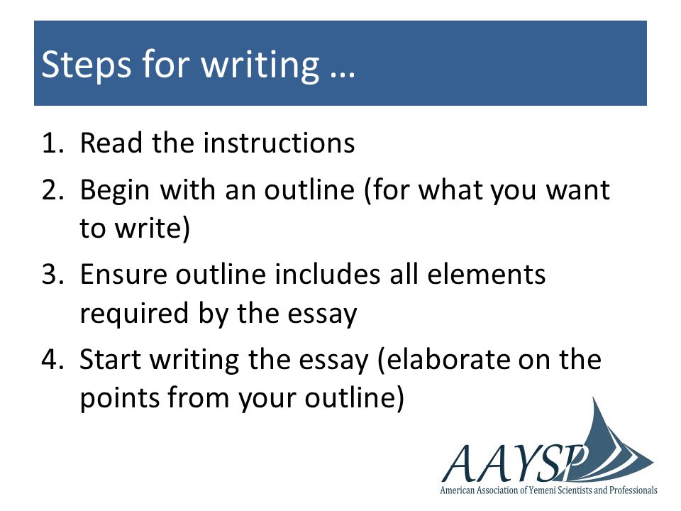 Steps for writing … 1.Read the instructions 2.Begin with an outline (for what you want to write) 3.Ensure outline includes all elements required by the essay 4.Start writing the essay (elaborate on the points from your outline)