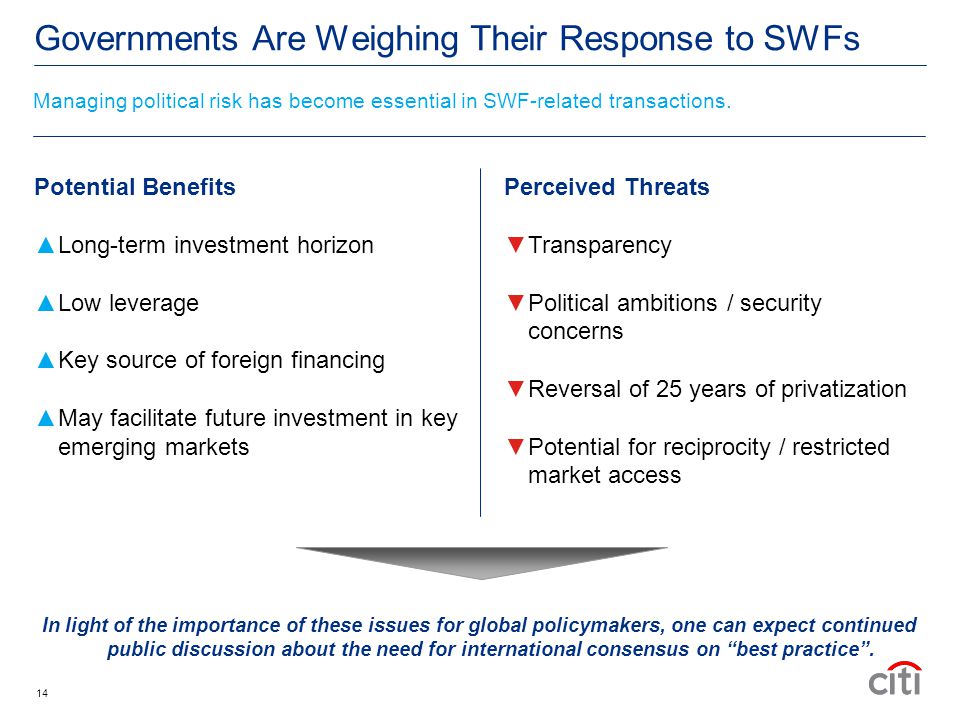 Governments Are Weighing Their Response to SWFs Perceived Threats ▼Transparency ▼Political ambitions / security concerns ▼Reversal of 25 years of privatization ▼Potential for reciprocity / restricted market access Potential Benefits ▲Long-term investment horizon ▲Low leverage ▲Key source of foreign financing ▲May facilitate future investment in key emerging markets Managing political risk has become essential in SWF-related transactions.