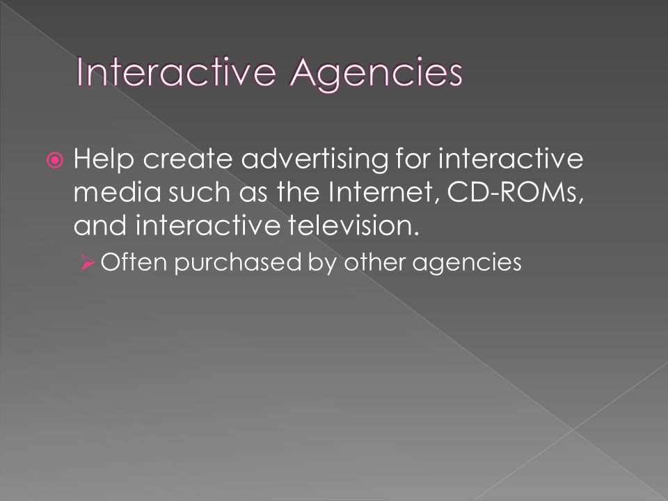  Help create advertising for interactive media such as the Internet, CD-ROMs, and interactive television.