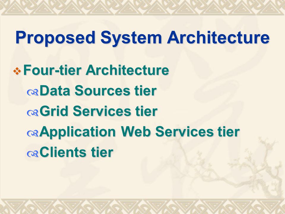Proposed System Architecture  Four-tier Architecture  Data Sources tier  Grid Services tier  Application Web Services tier  Clients tier
