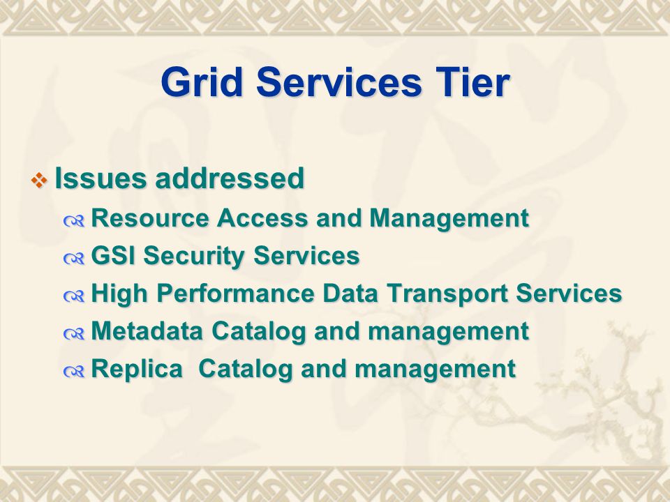 Grid Services Tier  Issues addressed  Resource Access and Management  GSI Security Services  High Performance Data Transport Services  Metadata Catalog and management  Replica Catalog and management