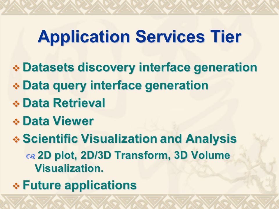 Application Services Tier  Datasets discovery interface generation  Data query interface generation  Data Retrieval  Data Viewer  Scientific Visualization and Analysis  2D plot, 2D/3D Transform, 3D Volume Visualization.
