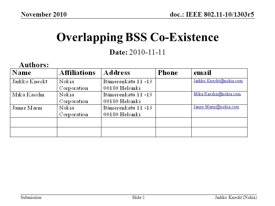 doc.: IEEE /1303r5 Submission November 2010 Jarkko Kneckt (Nokia)Slide 1 Overlapping BSS Co-Existence Date: Authors: