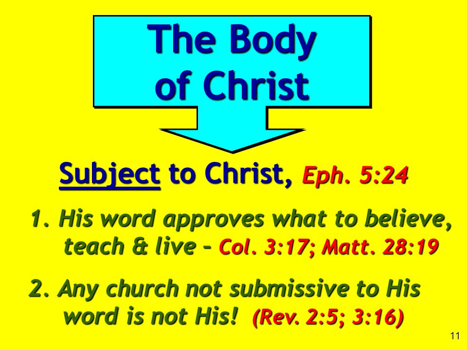 11 Subject to Christ, Eph. 5:24 1. His word approves what to believe, teach & live – Col.