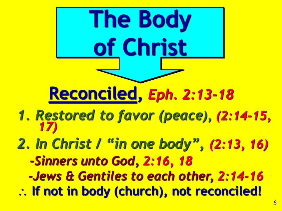 6 Reconciled, Eph. 2: Restored to favor (peace ), (2:14-15, 17) 2.