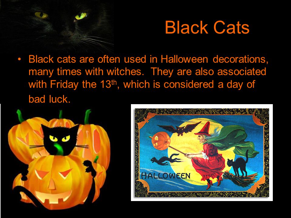 Black Cats Black cats are often used in Halloween decorations, many times with witches.