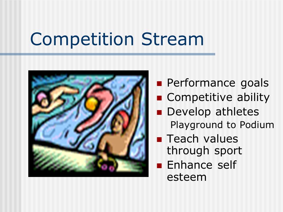 Competition Stream Performance goals Competitive ability Develop athletes Playground to Podium Teach values through sport Enhance self esteem