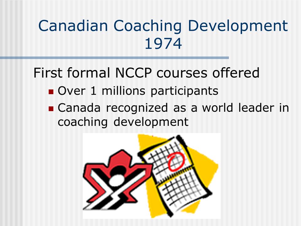 Canadian Coaching Development 1974 First formal NCCP courses offered Over 1 millions participants Canada recognized as a world leader in coaching development