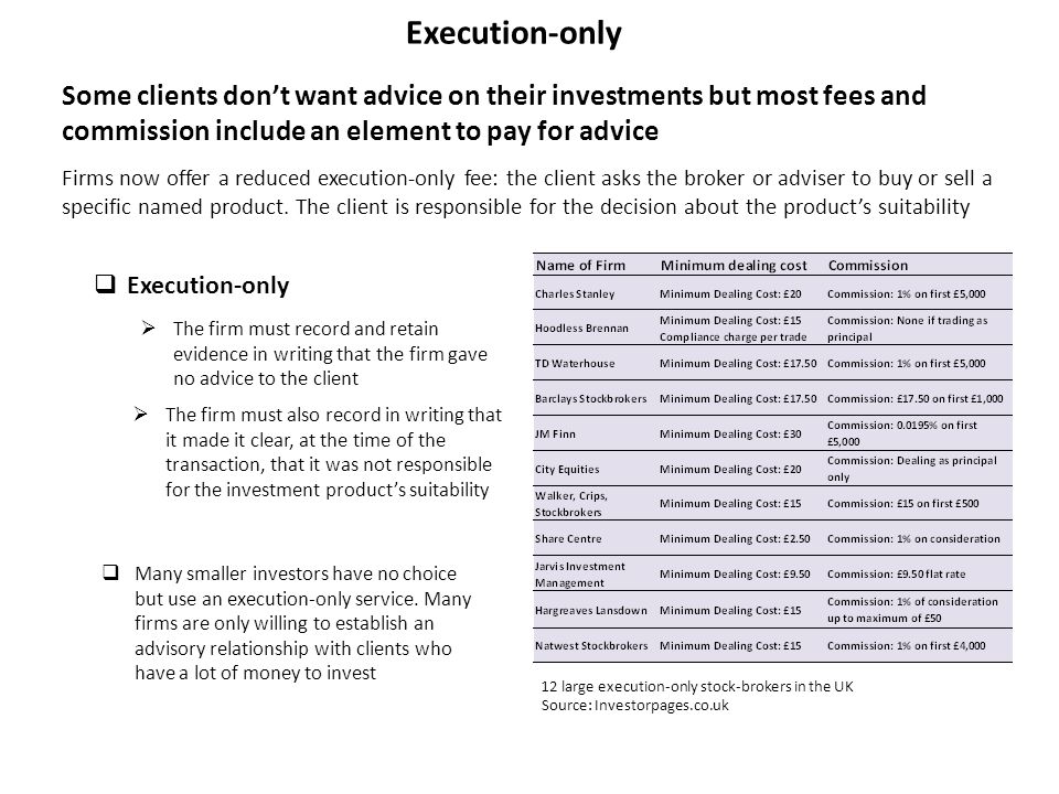 Execution-only Some clients don’t want advice on their investments but most fees and commission include an element to pay for advice  The firm must also record in writing that it made it clear, at the time of the transaction, that it was not responsible for the investment product’s suitability Firms now offer a reduced execution-only fee: the client asks the broker or adviser to buy or sell a specific named product.