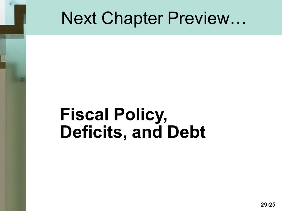 29-25 Next Chapter Preview… Fiscal Policy, Deficits, and Debt