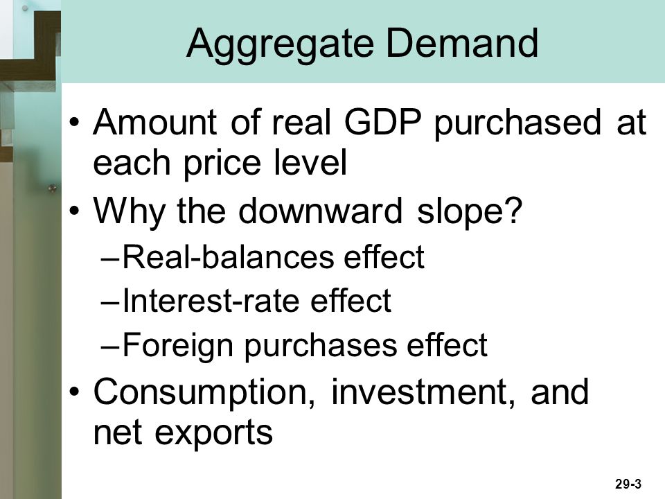 29-3 Aggregate Demand Amount of real GDP purchased at each price level Why the downward slope.