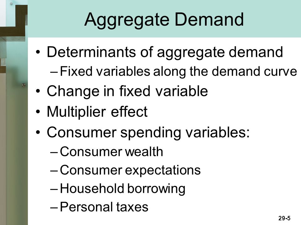 29-5 Aggregate Demand Determinants of aggregate demand –Fixed variables along the demand curve Change in fixed variable Multiplier effect Consumer spending variables: –Consumer wealth –Consumer expectations –Household borrowing –Personal taxes