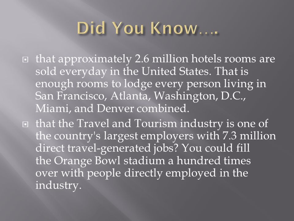  that approximately 2.6 million hotels rooms are sold everyday in the United States.