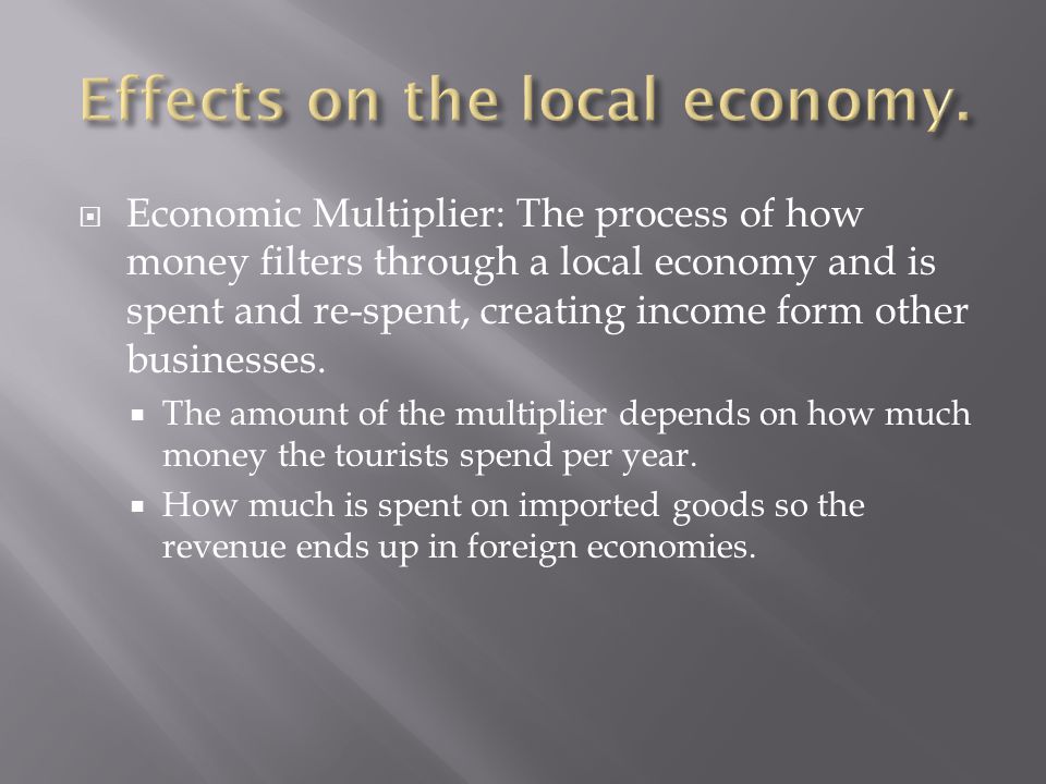 Economic Multiplier: The process of how money filters through a local economy and is spent and re-spent, creating income form other businesses.