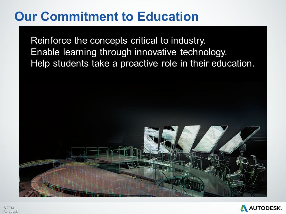 © 2013 Autodesk Our Commitment to Education Reinforce the concepts critical to industry.