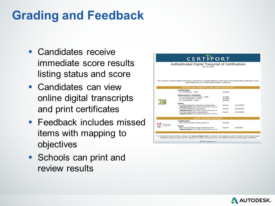 Grading and Feedback  Candidates receive immediate score results listing status and score  Candidates can view online digital transcripts and print certificates  Feedback includes missed items with mapping to objectives  Schools can print and review results