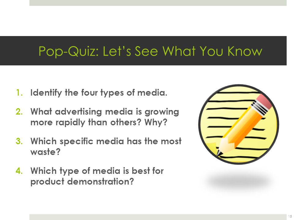 Pop-Quiz: Let’s See What You Know 15 1.Identify the four types of media.