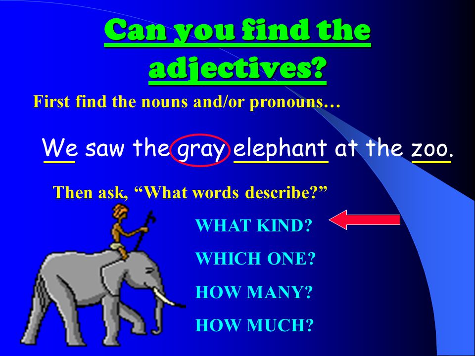 Can you find the adjectives. We saw the gray elephant at the zoo.