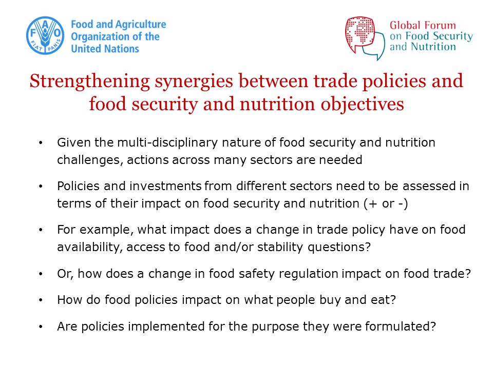 Strengthening synergies between trade policies and food security and nutrition objectives Given the multi-disciplinary nature of food security and nutrition challenges, actions across many sectors are needed Policies and investments from different sectors need to be assessed in terms of their impact on food security and nutrition (+ or -) For example, what impact does a change in trade policy have on food availability, access to food and/or stability questions.