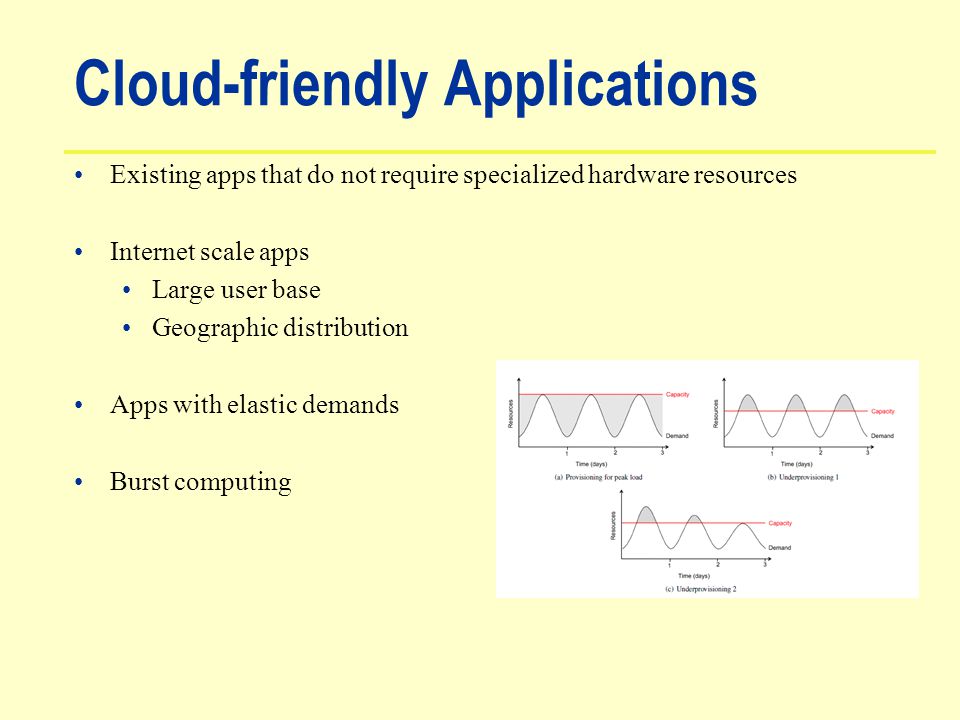 Cloud-friendly Applications Existing apps that do not require specialized hardware resources Internet scale apps Large user base Geographic distribution Apps with elastic demands Burst computing
