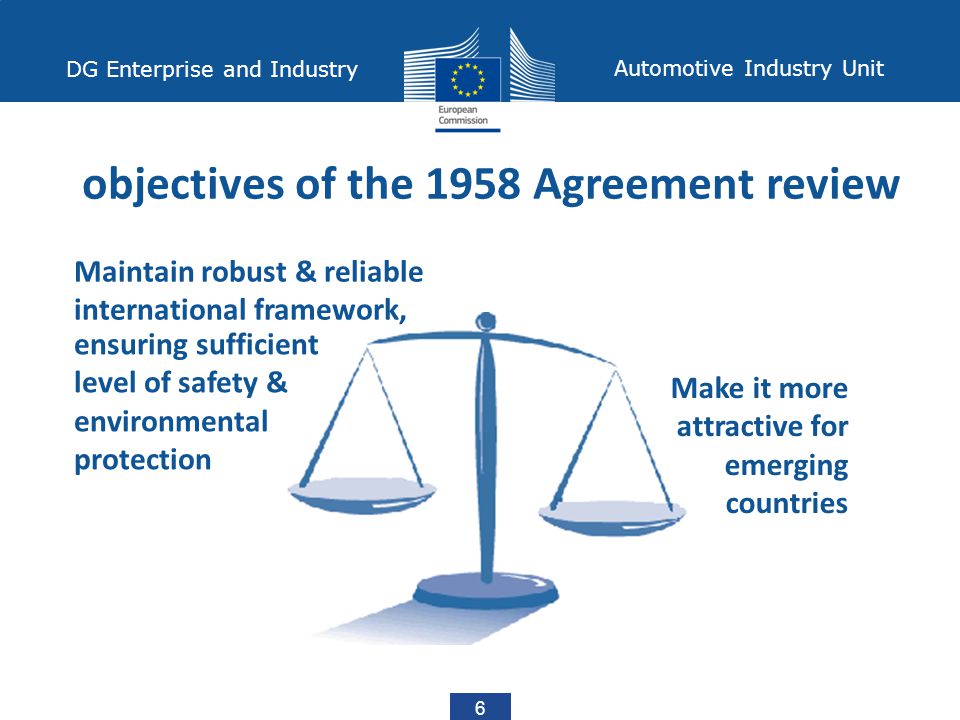 6 DG Enterprise and Industry Automotive Industry Unit objectives of the 1958 Agreement review ensuring sufficient level of safety & environmental protection Make it more attractive for emerging countries Maintain robust & reliable international framework,