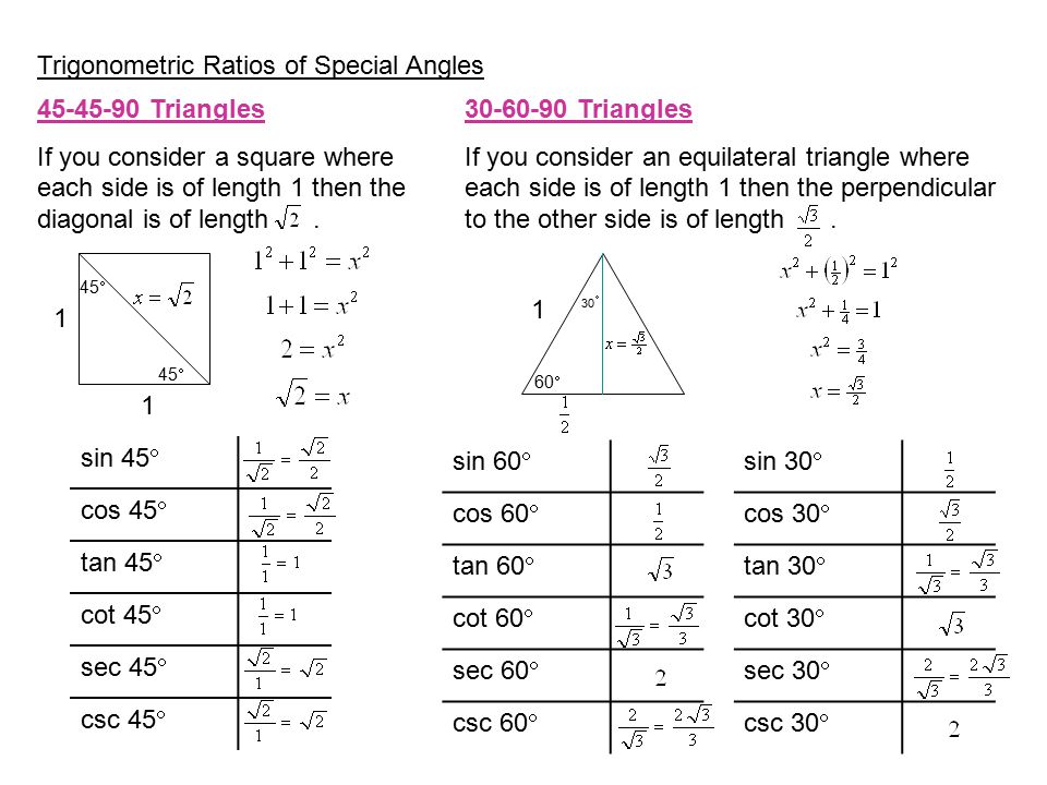 Trigonometric Ratios of Special Angles Triangles If you consider a square where each side is of length 1 then the diagonal is of length.