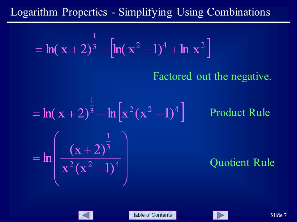 Table of Contents Slide 7 Logarithm Properties - Simplifying Using Combinations Product Rule Quotient Rule Factored out the negative.