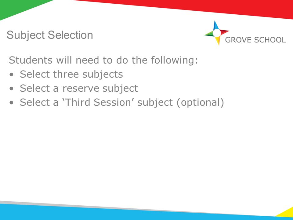 Subject Selection Students will need to do the following: Select three subjects Select a reserve subject Select a ‘Third Session’ subject (optional)